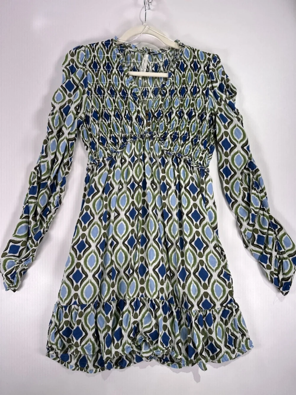 By Anthropologie Ruffle Mini Dress Smocked Long Sleeve Ikat Blue Green S - Picture 14 of 14